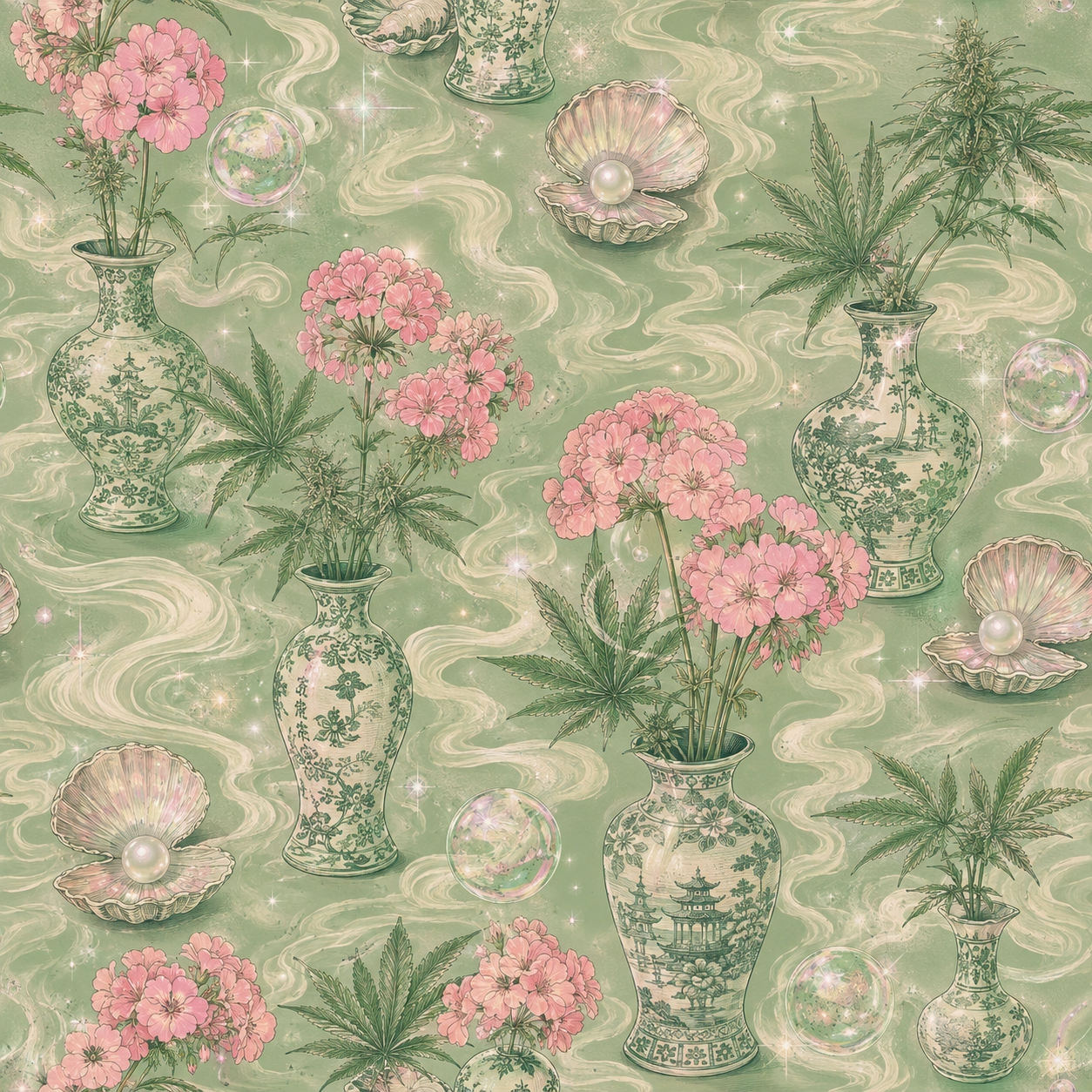 pattern with gerniums and cannabis leaves