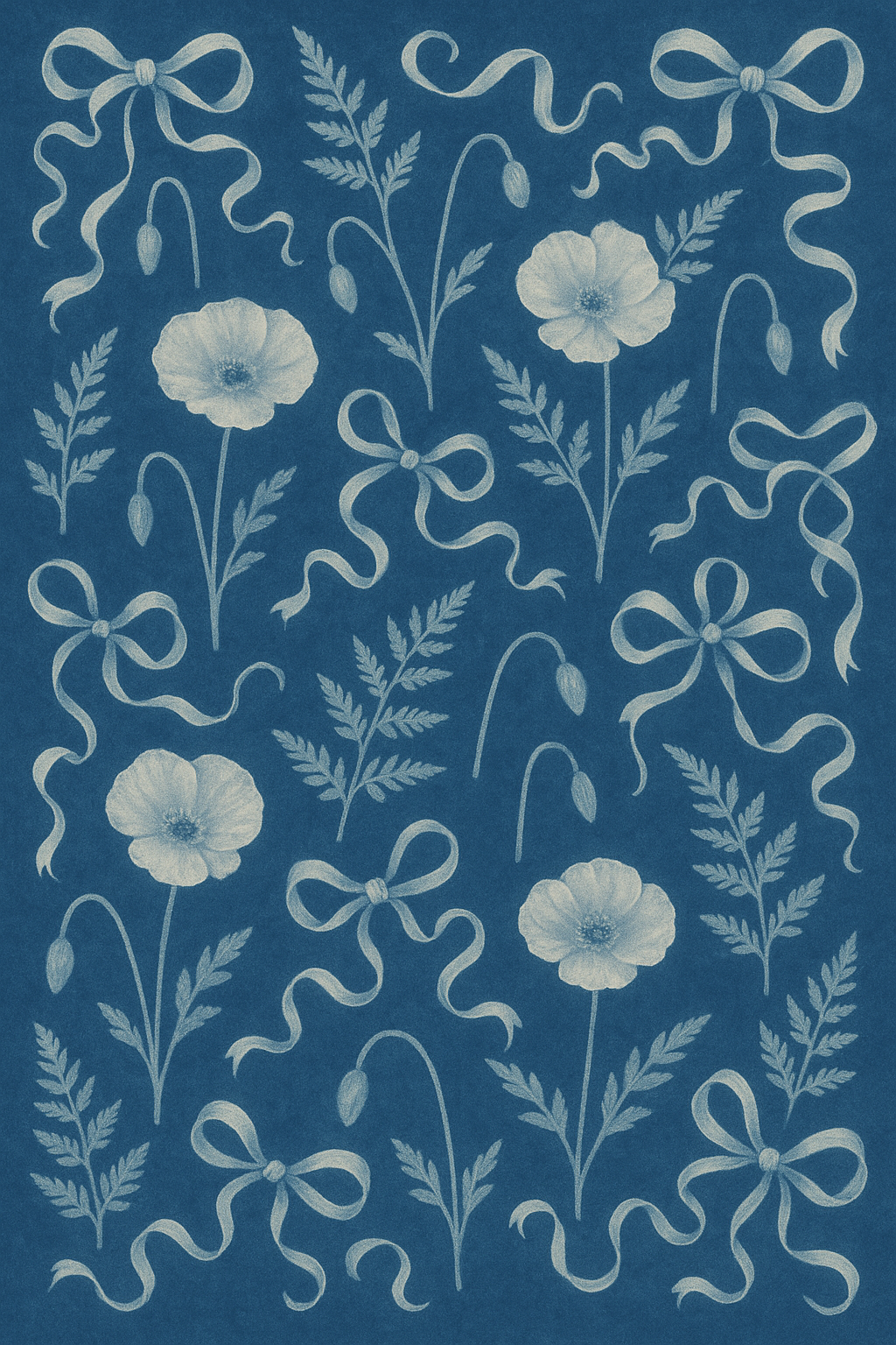 cyanotype poppy pattern with ribbons